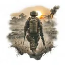 a soldier in full height walking across a field behind him there is a war but through the smoke you can see the sunset tattoo design idea