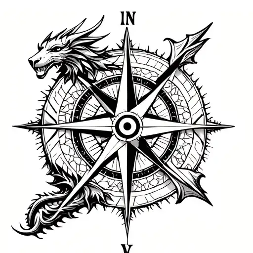 create a tattoo with compass , leo zodiac symbol, arrow and dragon tattoo design idea