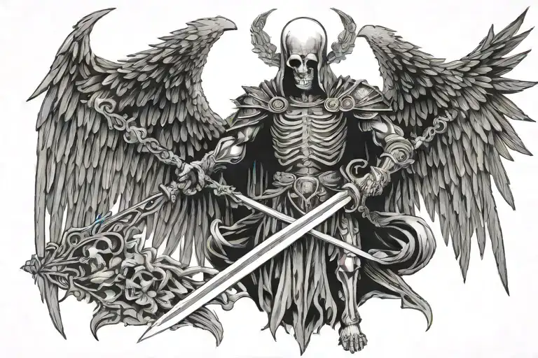 God of death thanatos with oce wings spreading holding a silver sword tattoo design idea
