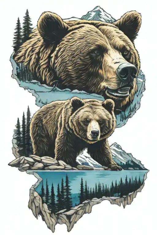 grizzly bear standing with moraine lake scene tattoo design idea