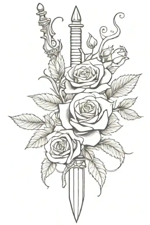 A dagger on the spine pointing down with a vine of roses wrapped around tattoo design idea