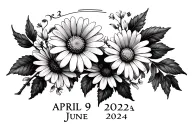 Daisy and honeysuckle flowers with stems and birthdates of April 9, 2022 and June 28 2024 in roman numerals for a male tattoo design idea