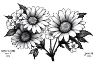 Daisy and honeysuckle flowers with stems and birthdates of April 9, 2022 and June 28 2024 in roman numerals for a male tattoo design idea