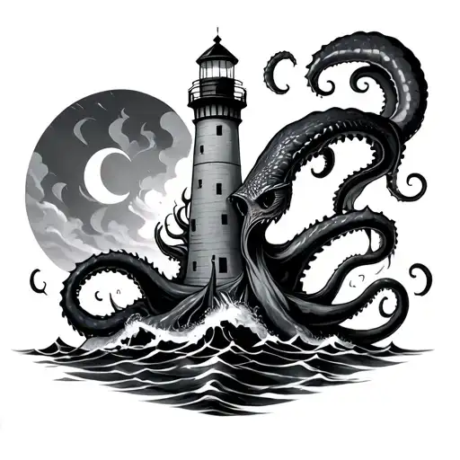 kraken destroying lighthouse tattoo design idea
