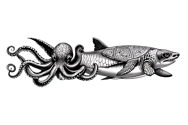 polynesia tattoo featuring ocean elements and animals including an octopus, an angel shark, turtles tattoo design idea