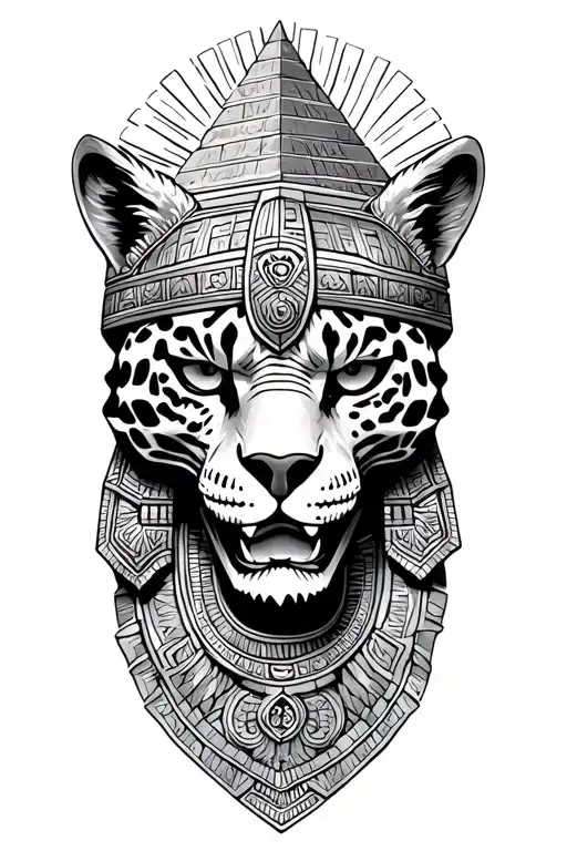 Mayan skull warrior wearing jaguar head with Mayans pyramid tattoo design idea