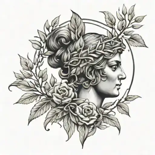 An intricate design featuring the Greek goddess Athena surrounded by olive branches, representing wisdom and peace tattoo design idea
