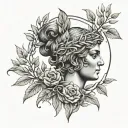 An intricate design featuring the Greek goddess Athena surrounded by olive branches, representing wisdom and peace tattoo design idea