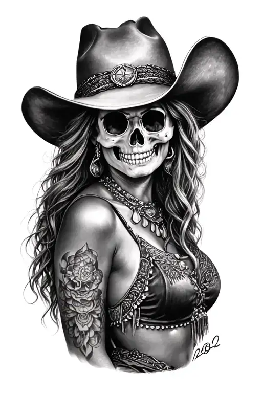 cowgirl, pagan, skull, cowboy hat, tattoo design idea