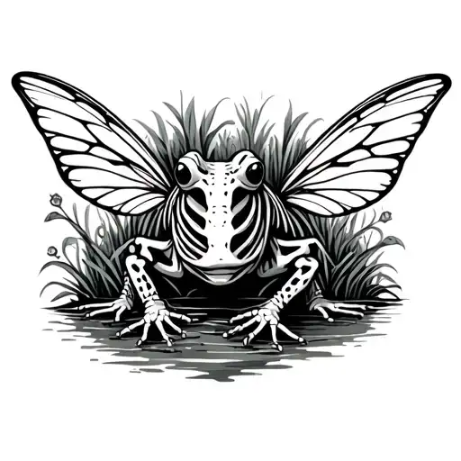 Bullfrog skeleton with fairy wings, native New England wetland plants in the background  tattoo design idea