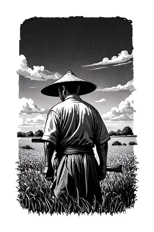 old Chinese farmer in a field facing away tattoo design idea
