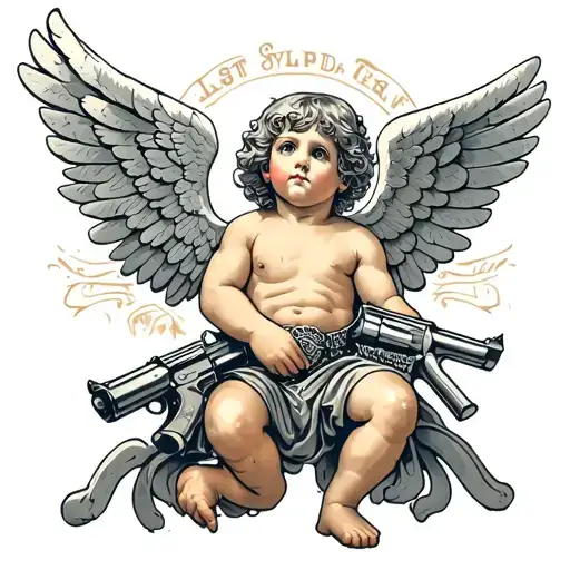 cement cherub angel with wings and guns , lost hopeful look tattoo design idea