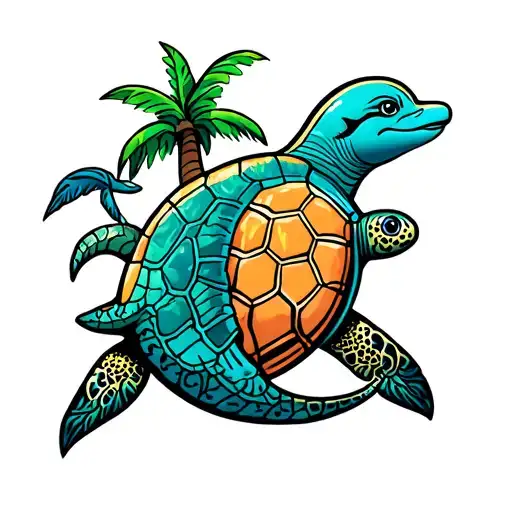 Dolphin, sea turtle, mermaid, palm tree tattoo design idea