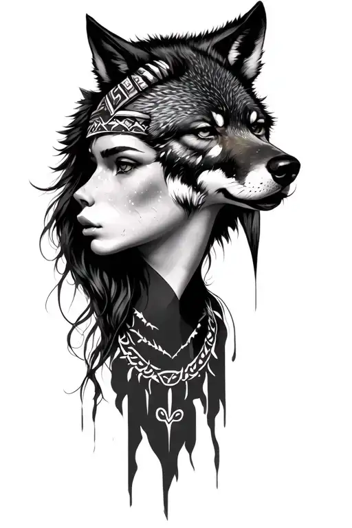 nordic woman with wolve head tattoo design idea