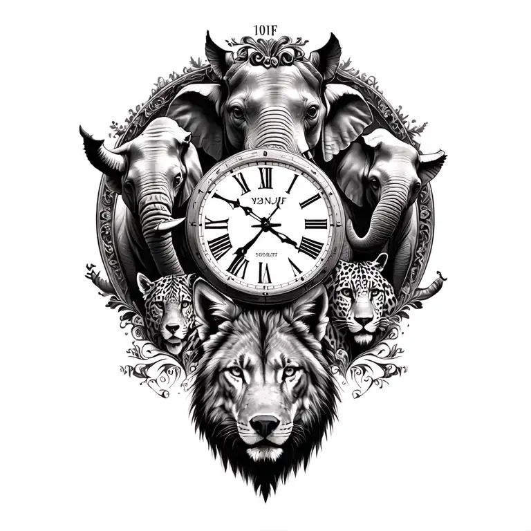 Vintage clock, 11:45,rhino, elephant, buffalo, lion,leopard & iberian wolf border, have MMJF above clock, 19/11/19 below tattoo design idea
