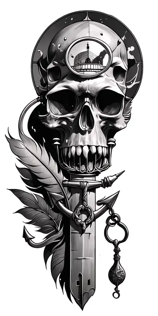 lighthouse, anchor, quill pen and magnifying glass tattoo design idea