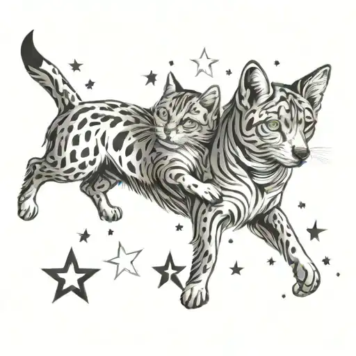 A celestial scene of a dog and cat playing among the stars, symbolizing the client's love for animals and astrology tattoo design idea