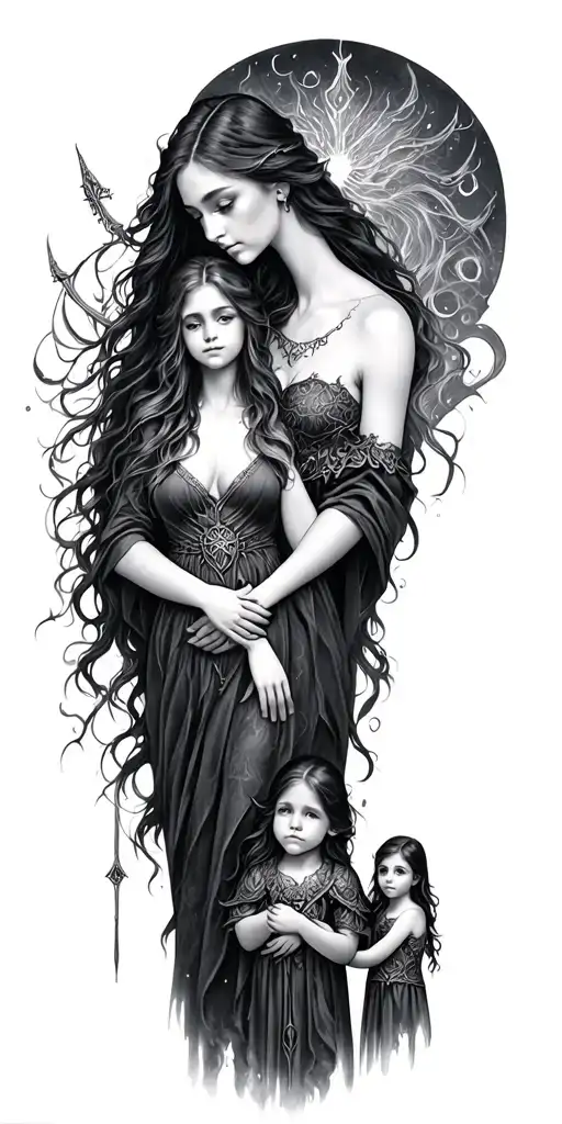 Angrboda and her children from Norse mythology inspired by the novel “The Witch’s Heart” by Genevieve Gornichec tattoo design idea