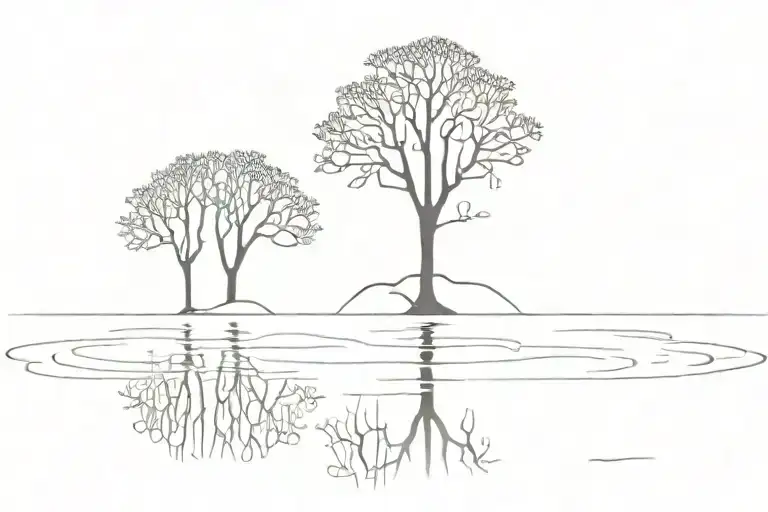 An abstract tattoo of a tree silhouette reflected in rippling water, symbolizing the connection between land and water tattoo design idea