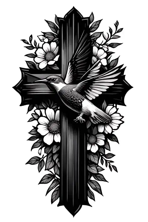 feminine cross made of flowers with hummingbird and soaring red tail hawk tattoo design idea
