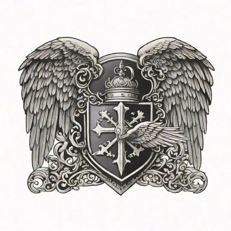 Coat of arms with cloud , wing of dove and cross and knight templar helmet on crest tattoo design idea