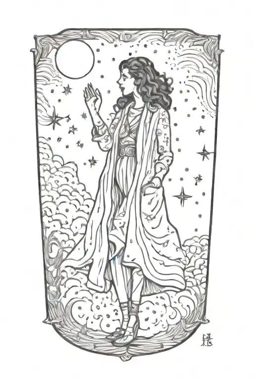 heaven opening her coat to reveal hidden galaxies tattoo design idea