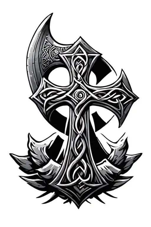sleeve tattoo of norse viking axe and Christian Celtic cross, runes and Nordic designs  tattoo design idea