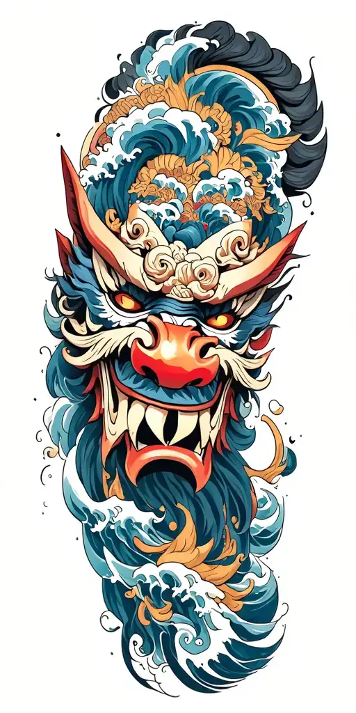 oni demon mask, finger waves crashing tattoo design idea