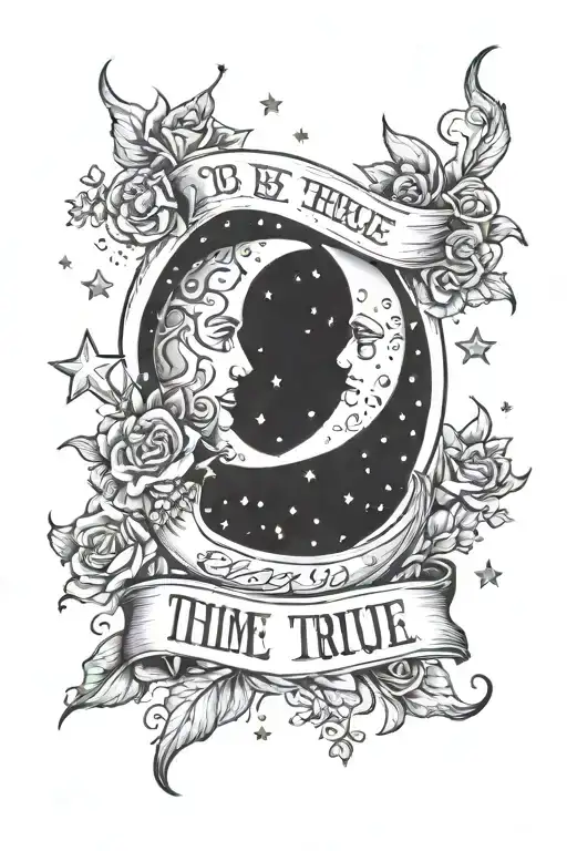 memorial tattoo for mom with a waxed crescent moon stars galaxies, and the words to thine own self be true tattoo design idea