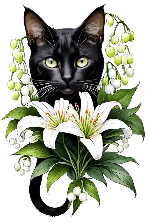 black female cat with lily of the valley flower tattoo design idea