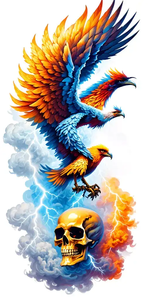 tornado and lightning storm with a phoenix rising Phoenix bird smoke and skulls tattoo design idea
