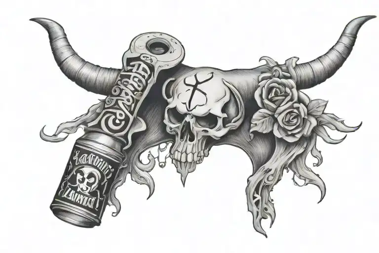 chest peice with a beer can the word family an infinity symbol and a cow skull tattoo design idea
