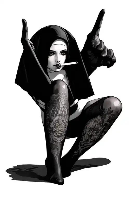 girl with legs spread in stockings shows middle finger in mouth she has cigarette in the form of a nun tattoo design idea
