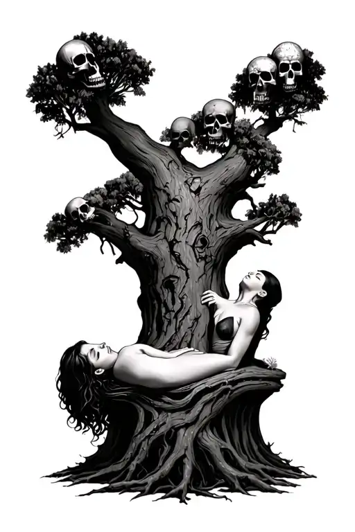 Ahuahuete tree in his trunk the sleeping woman and the poop in skulls tattoo design idea