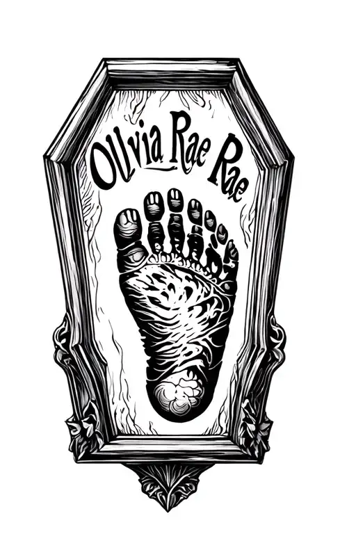 "Olivia Rae" baby footprint on coffin shape frame tattoo design idea