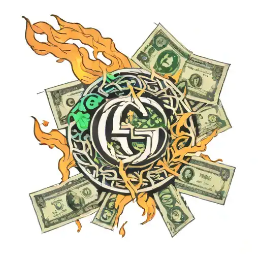 Gucci logo with $100 bills burning tattoo design idea
