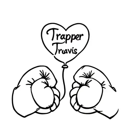 boxing gloves with a heart balloon and the words "Trapper Travis" tattoo design idea