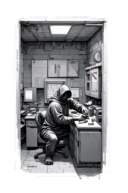 A hacker working in a basement alone  tattoo design idea