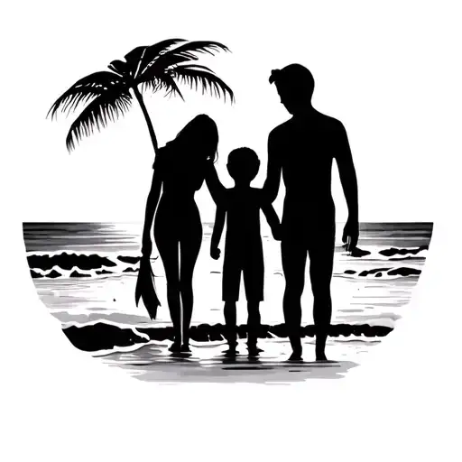 family silhoutte mom dad son on beach  tattoo design idea
