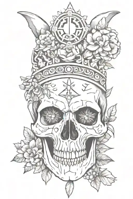 nature elements, cat skull, crystals, mushrooms, crown, symmetrical tattoo design idea