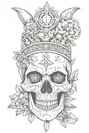 nature elements, cat skull, crystals, mushrooms, crown, symmetrical tattoo design idea