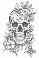 nature elements, cat skull, crystals, mushrooms, crown, symmetrical tattoo design idea