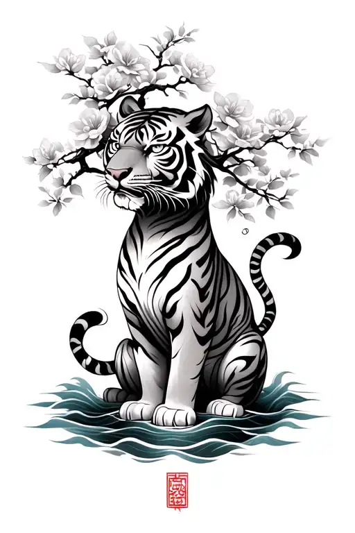 Chinese style tiger with waves around it blossom tree in the background  tattoo design idea