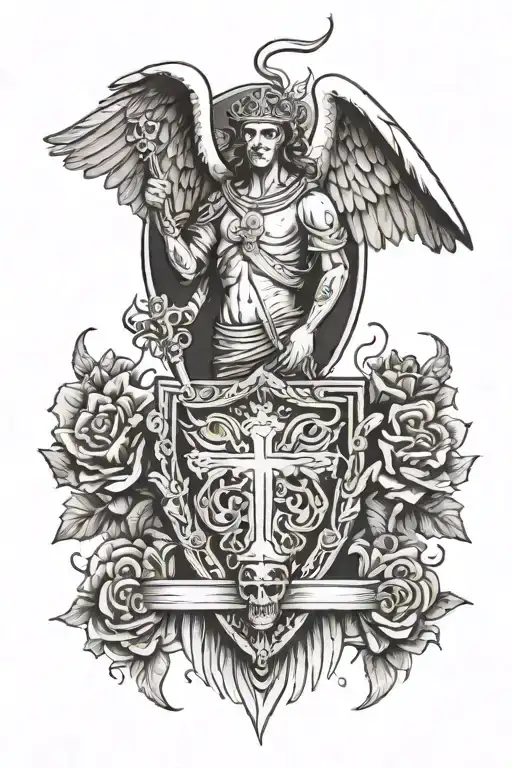 50/50 angel. Half of the angel is pure and holy, other half is death. Holy half holding shield, death half holding spear tattoo design idea