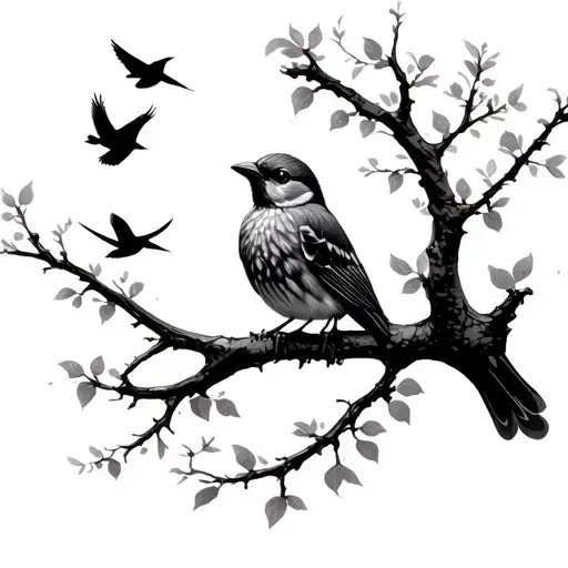 1 bird sitting on a branch and watching 3 birds fly away tattoo design idea