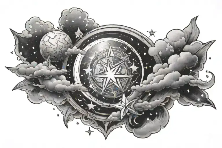 around bicep and tricep tattoo of a  cloudy night sky with 2 four point stars and a moon tattoo design idea