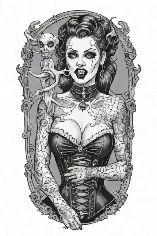 male vampire bitting gothic pinup girl whom is wearing a corset and fishnet leggings tattoo design idea