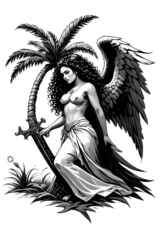 female tan latina guardian angel with curly hair and sword under palm tree  tattoo design idea