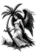 female tan latina guardian angel with curly hair and sword under palm tree  tattoo design idea