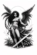 female tan latina guardian angel with curly hair and sword under palm tree  tattoo design idea